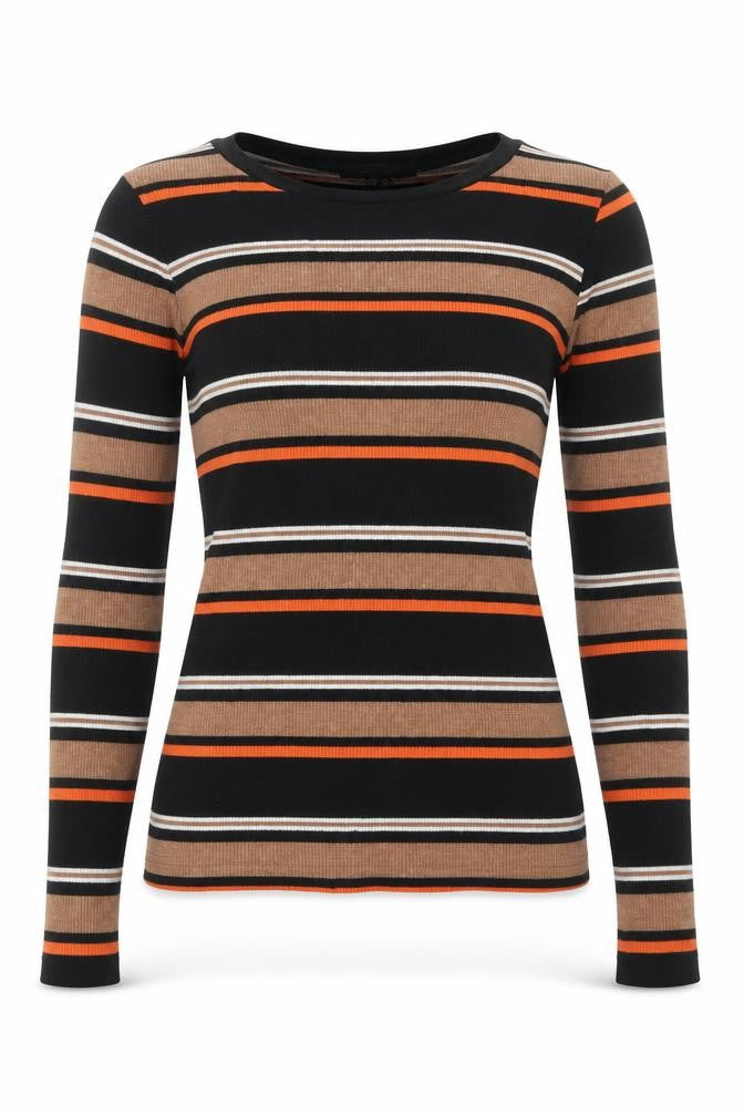 Front view of New Look women’s multicoloured striped viscose basic blouse, size UK 10, round neck