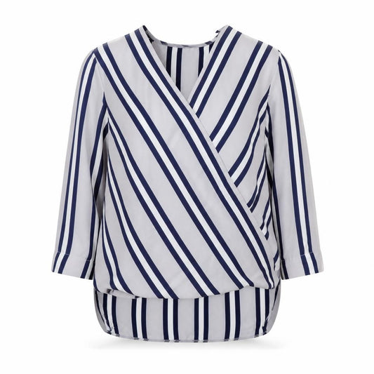 Front view of Atmosphere women’s blue striped polyester basic blouse, size UK 8, v-neck