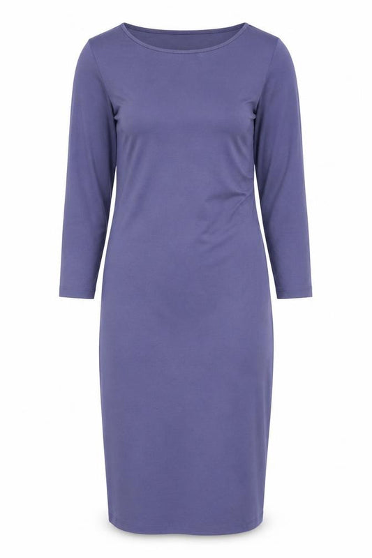 Front view of H&M women’s blue polyester bodycon, size S, boat neck pullover