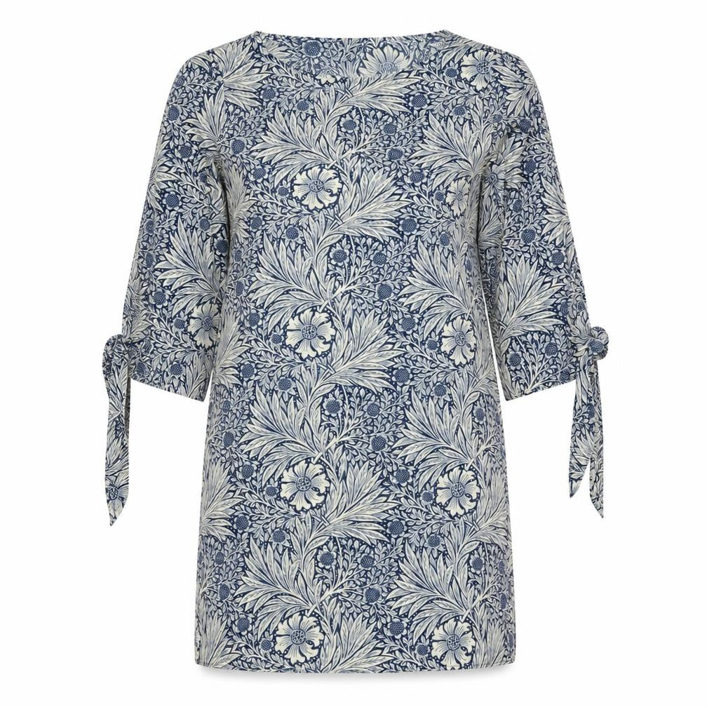 Front view of H&M women’s blue floral polyester shift, size UK 8, boat neck pullover - wide sleeves tie detail