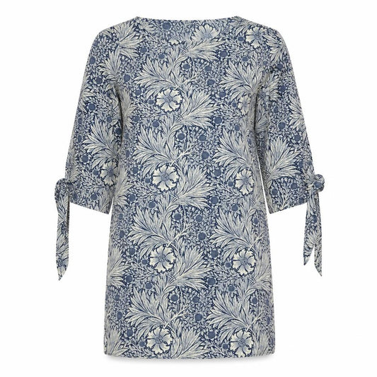 Front view of H&M women’s blue floral polyester shift, size UK 8, boat neck pullover - wide sleeves tie detail