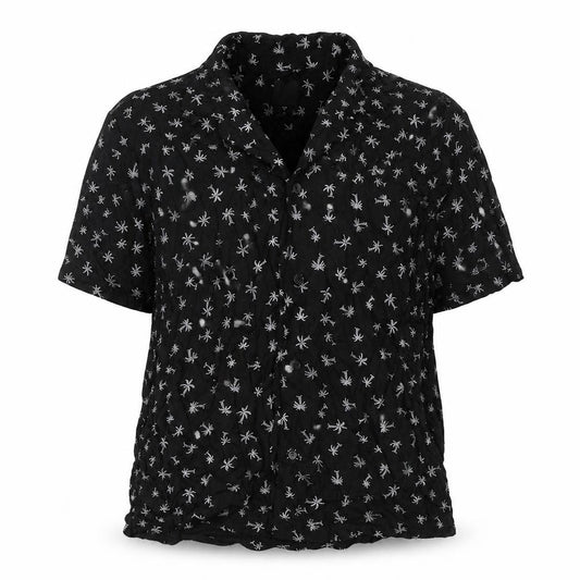 Front view of H&M women’s black geometric viscose basic button-up, size M, collared - palm tree pattern