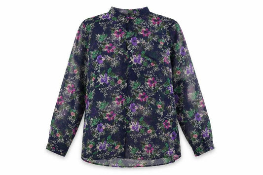 Front view of Zara women’s blue floral polyester basic button-up, size L, collared