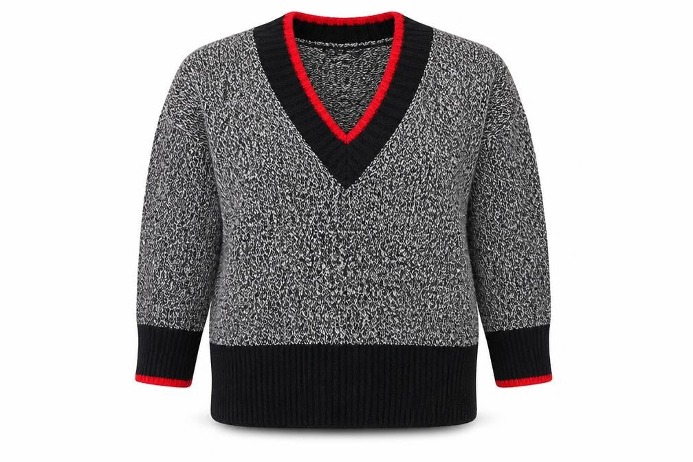 Front view of Marks & Spencer women’s grey v-neck polyester jumper, size M, - contrasting trim