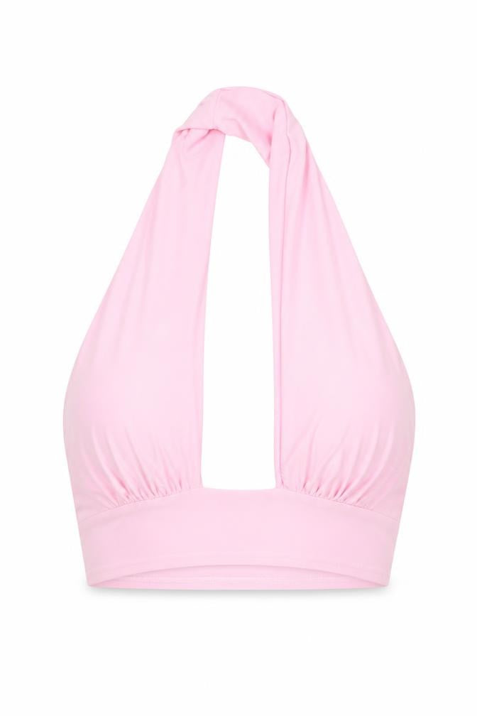 Front view of Oui women’s pink polyester cropped tank, size M, halter