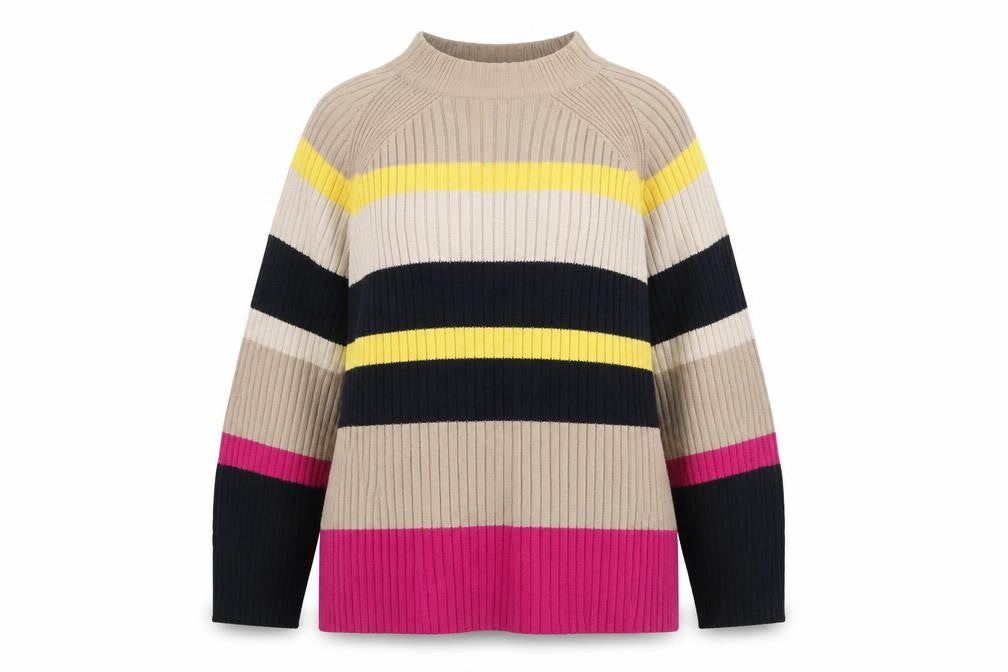 Marks and Spencer Womens Beige High Neck Striped Acrylic Pullover Jumper Size M