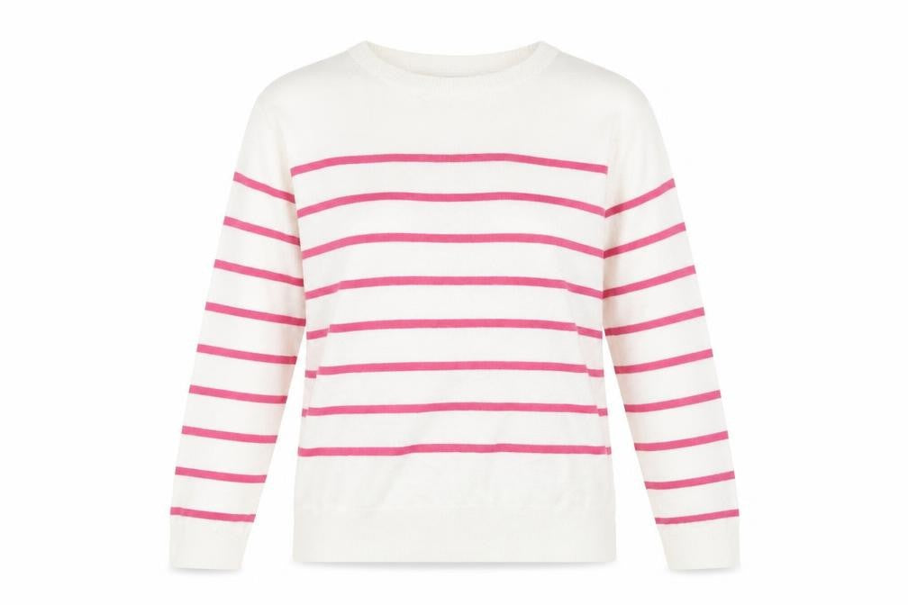 Front view of Marks & Spencer women’s white round neck striped acrylic jumper, size UK 12