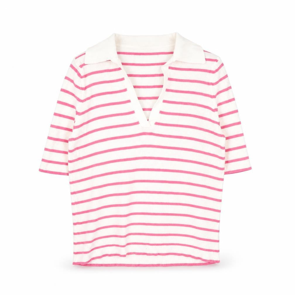 Front view of Marks & Spencer women’s white collared striped acrylic jumper, size M