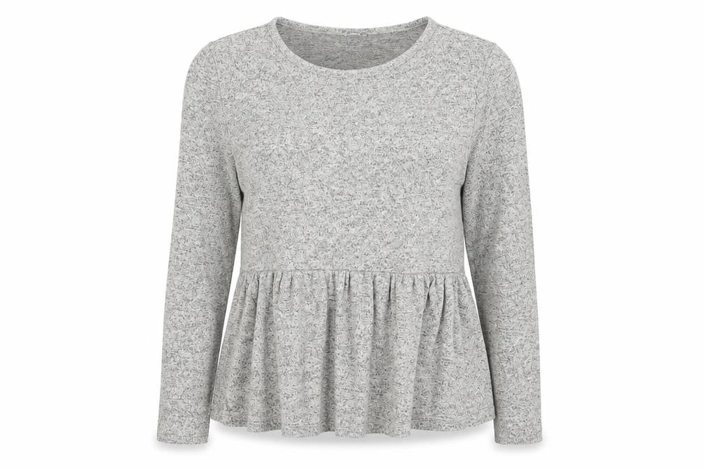Front view of Pep&Co women’s grey scoop neck viscose jumper, size UK 12, - peplum