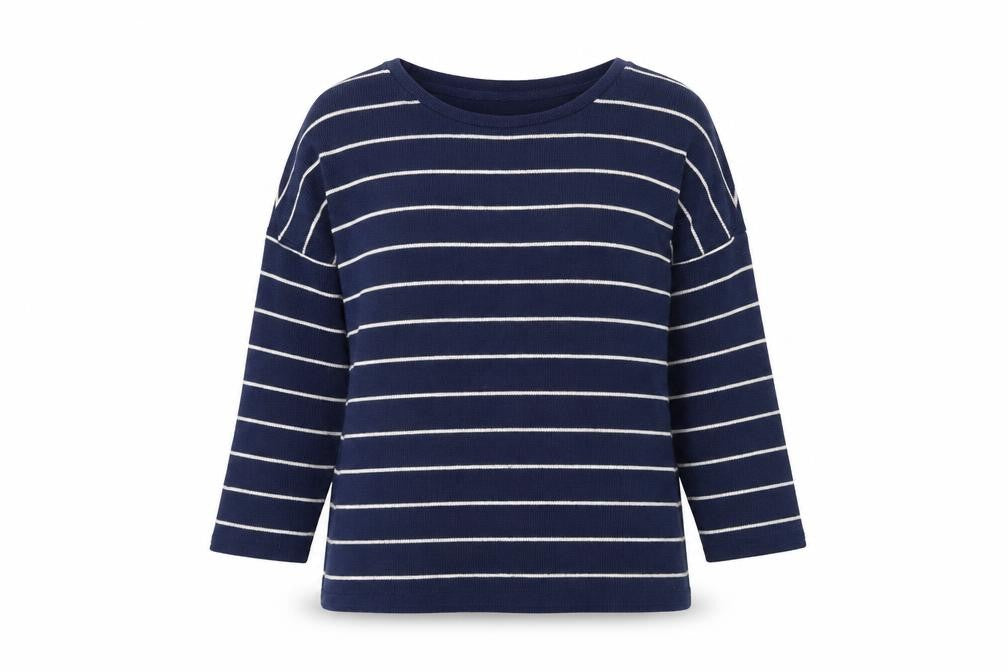 Front view of Tu women’s blue boat neck striped acrylic jumper, size UK 10