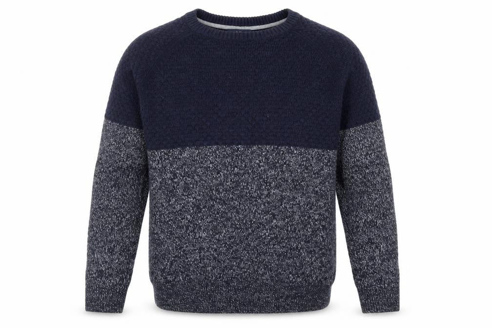 Front view of Truly Premium Goods men’s blue round neck acrylic jumper, size L