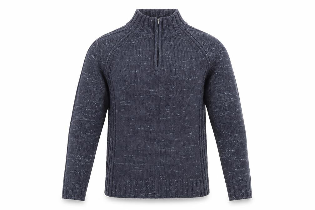 Front view of Tom Hagan men’s blue high neck acrylic jumper, size L