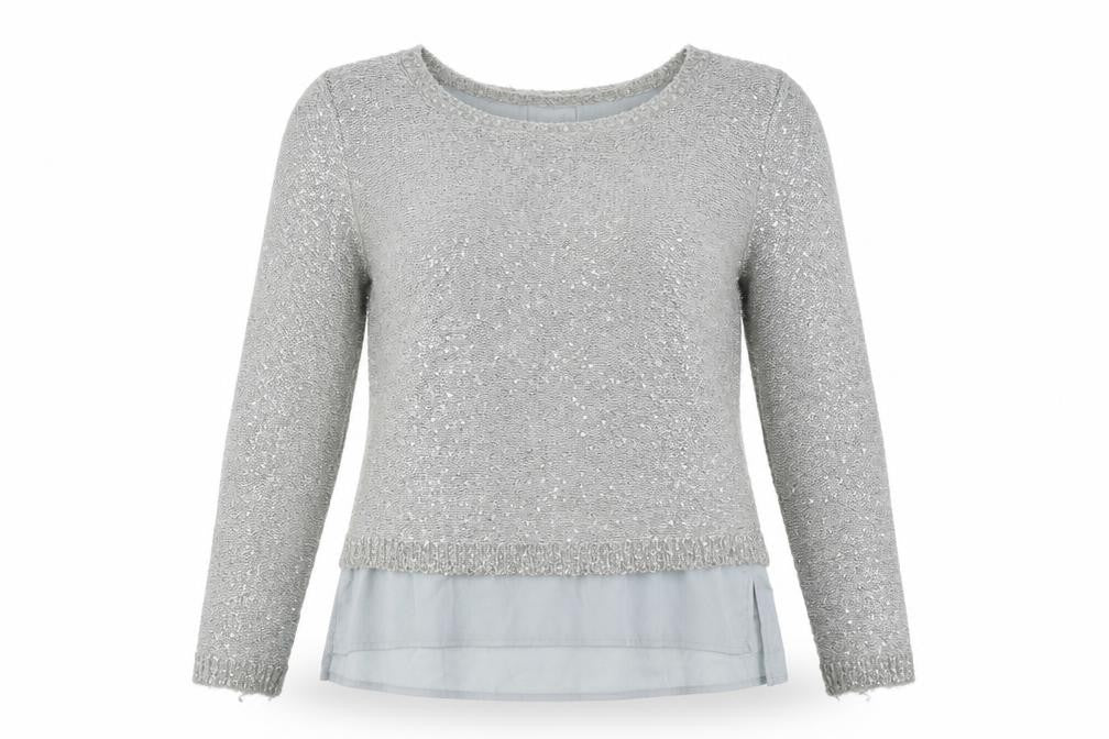 Front view of Yumi women’s grey scoop neck polyester jumper, size S, - chiffon hem