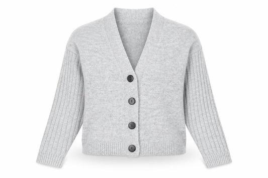 Front view of ASOS women’s grey v-neck acrylic cardigan jumper, size UK 8