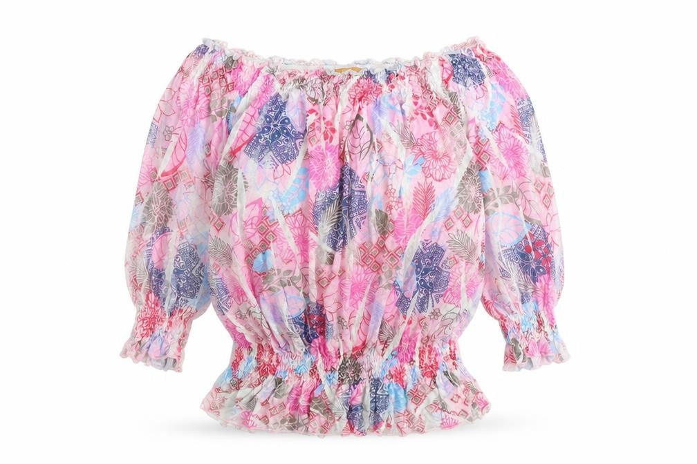 Front view of Buffalo women’s pink geometric viscose basic blouse, size UK 14, off the shoulder