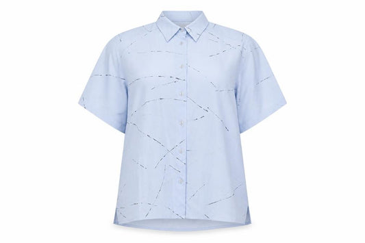 Front view of La Kerko women’s blue geometric polyester basic button-up, size UK 12, collared
