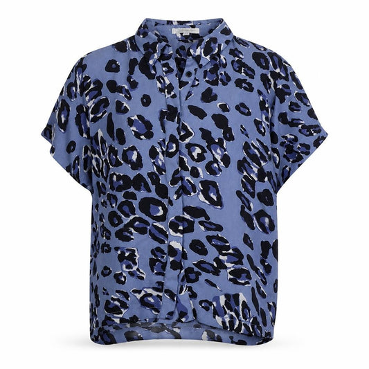 Front view of Glamorous women’s blue animal print polyester basic button-up, size S, collared - leopard pattern