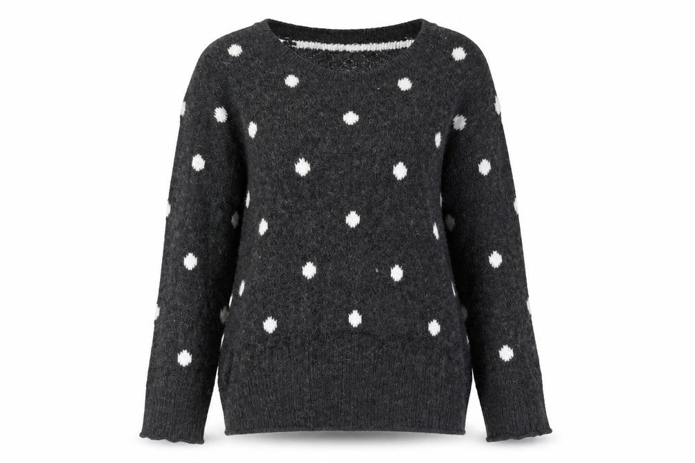 Front view of H&M women’s grey scoop neck polka dot acrylic jumper, size XS