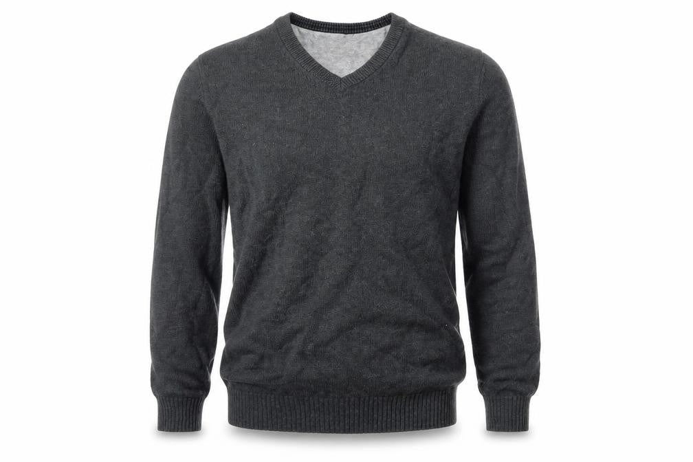 Front view of Maine New England men’s grey v-neck cotton jumper, size M