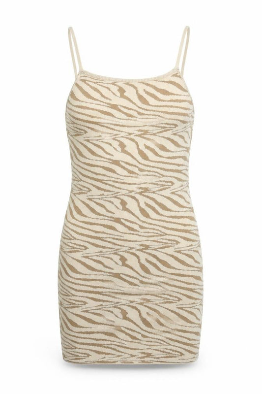 Front view of I SAW IT FIRST women’s beige animal print acrylic bodycon, size UK 6, square neck pullover - zebra print