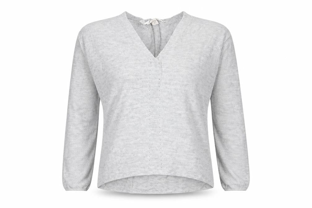 Front view of H&M women’s grey acrylic basic t-shirt, size S, v-neck