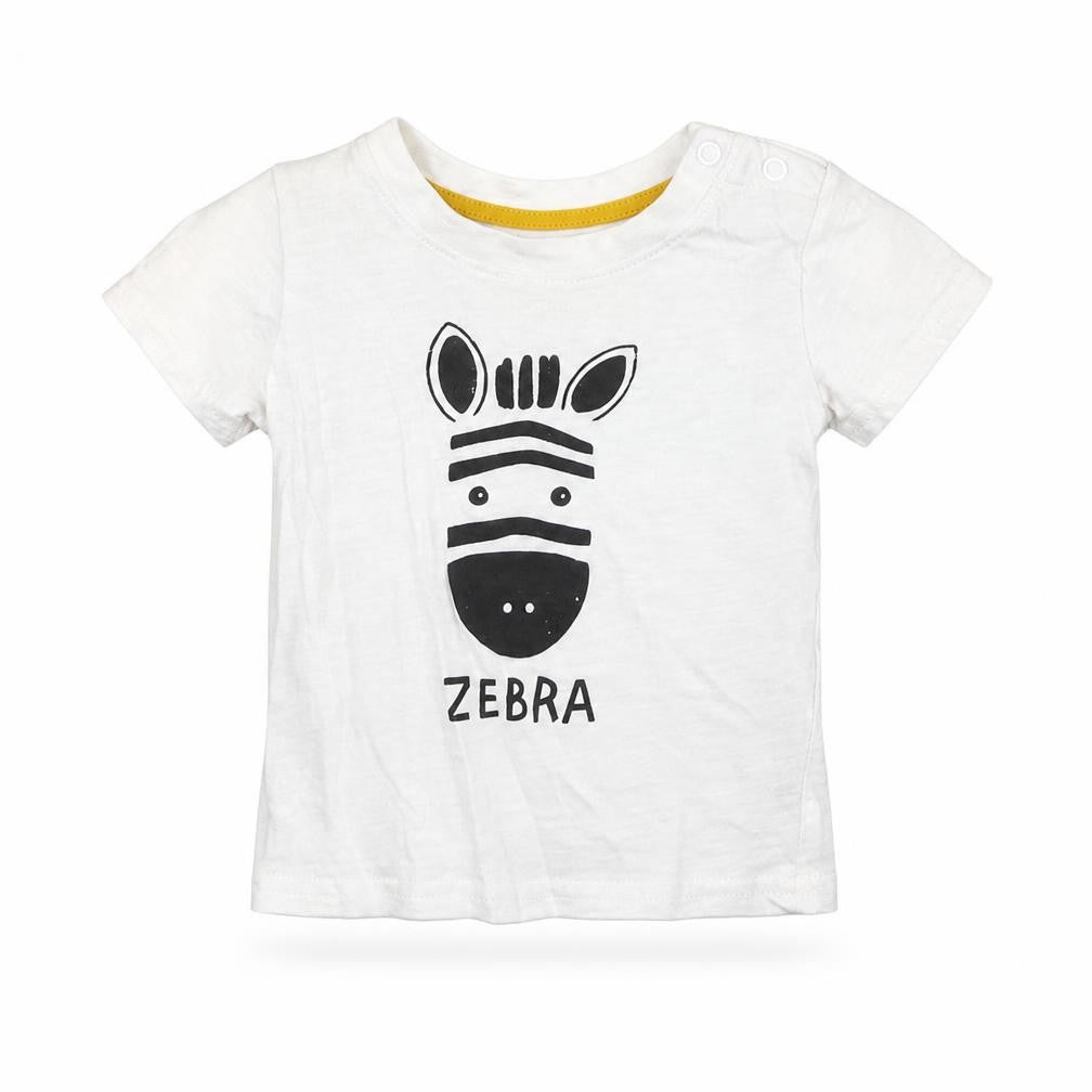 Front view of Primark Baby White 100% Cotton Basic T-Shirt, size 3-6, Months Round Neck Pullover - Zebra