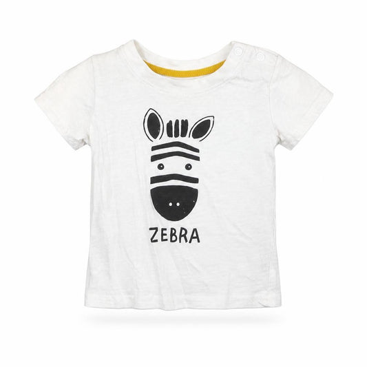 Front view of Primark Baby White 100% Cotton Basic T-Shirt, size 3-6, Months Round Neck Pullover - Zebra