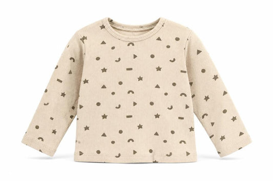 Front view of Primark Baby Beige Geometric 100% Cotton Basic T-Shirt, size 12-18, Months Round Neck Pullover