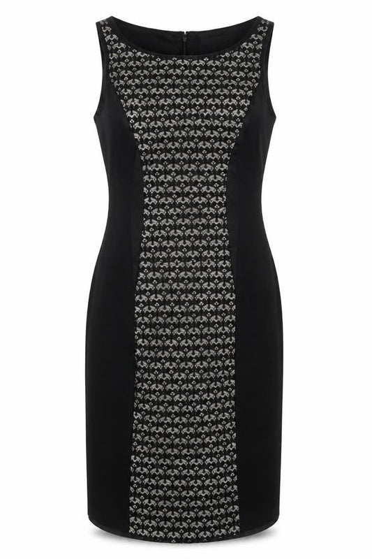 Front view of Coast women’s black polyester sheath, size UK 14, boat neck zip