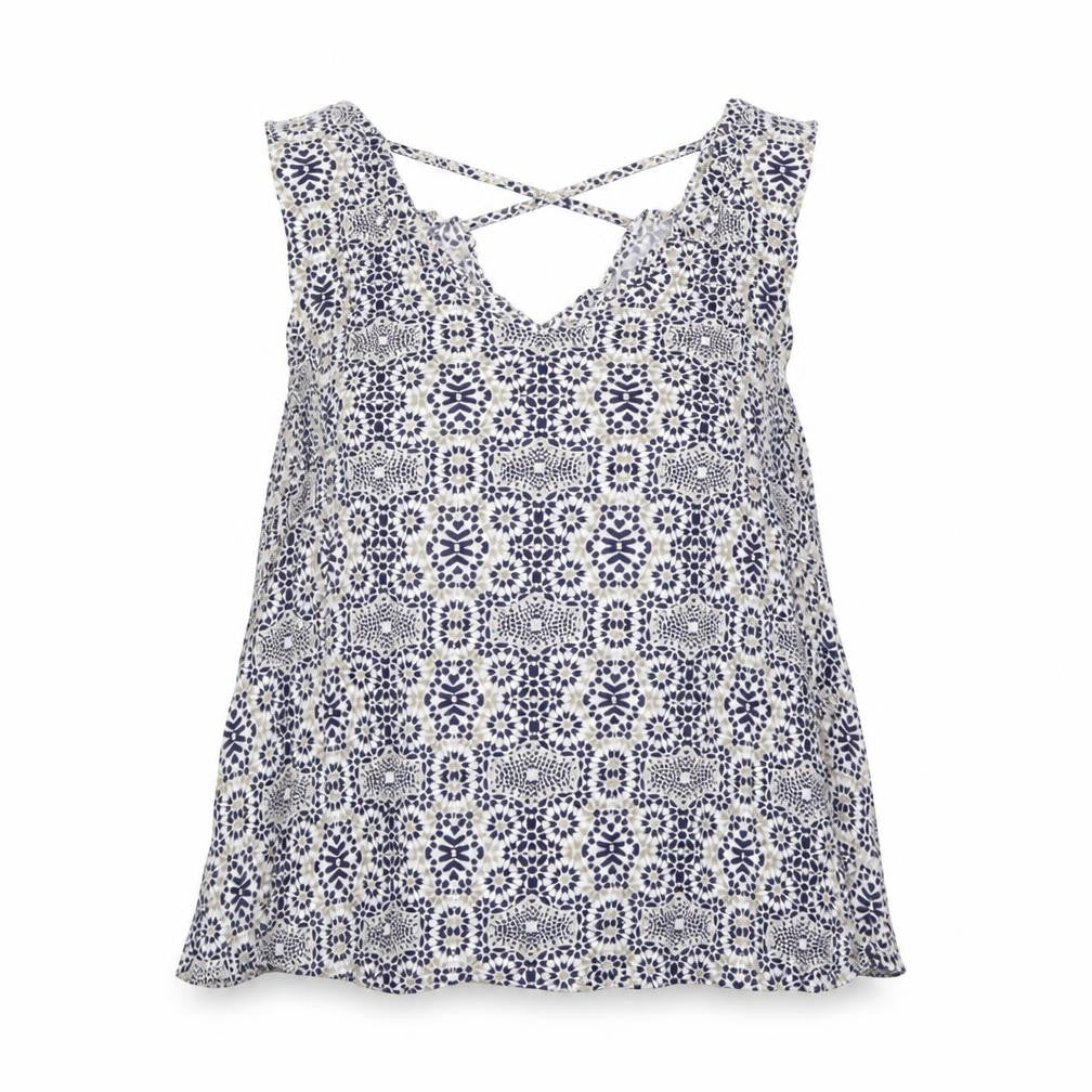 Front view of Atmosphere women’s blue geometric viscose basic blouse, size UK 14, v-neck