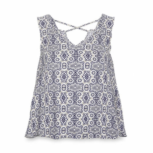 Front view of Atmosphere women’s blue geometric viscose basic blouse, size UK 14, v-neck