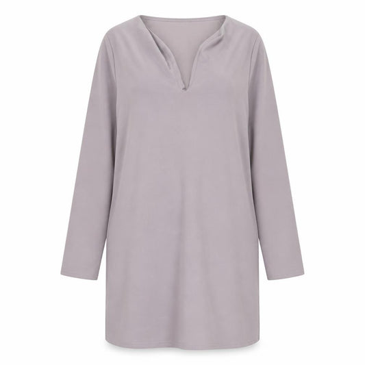 Front view of Boohoo women’s grey polyester shift, size UK 12, v-neck pullover