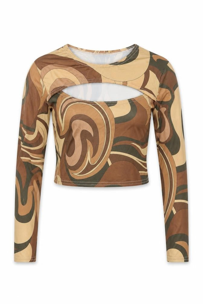 Front view of PRETTYLITTLETHING women’s multicoloured geometric polyester cropped t-shirt, size UK 8, round neck