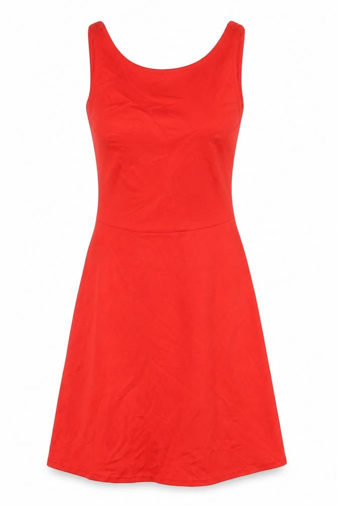 Front view of H&M women’s red polyester tank dress, size UK 8, boat neck pullover