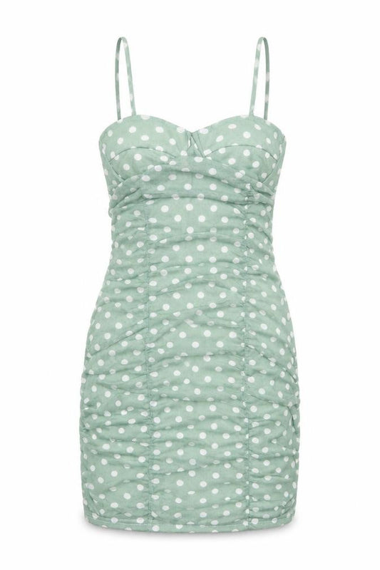 Front view of PRETTYLITTLETHING women’s green polka dot polyester slip dress, size UK 6, sweetheart pullover
