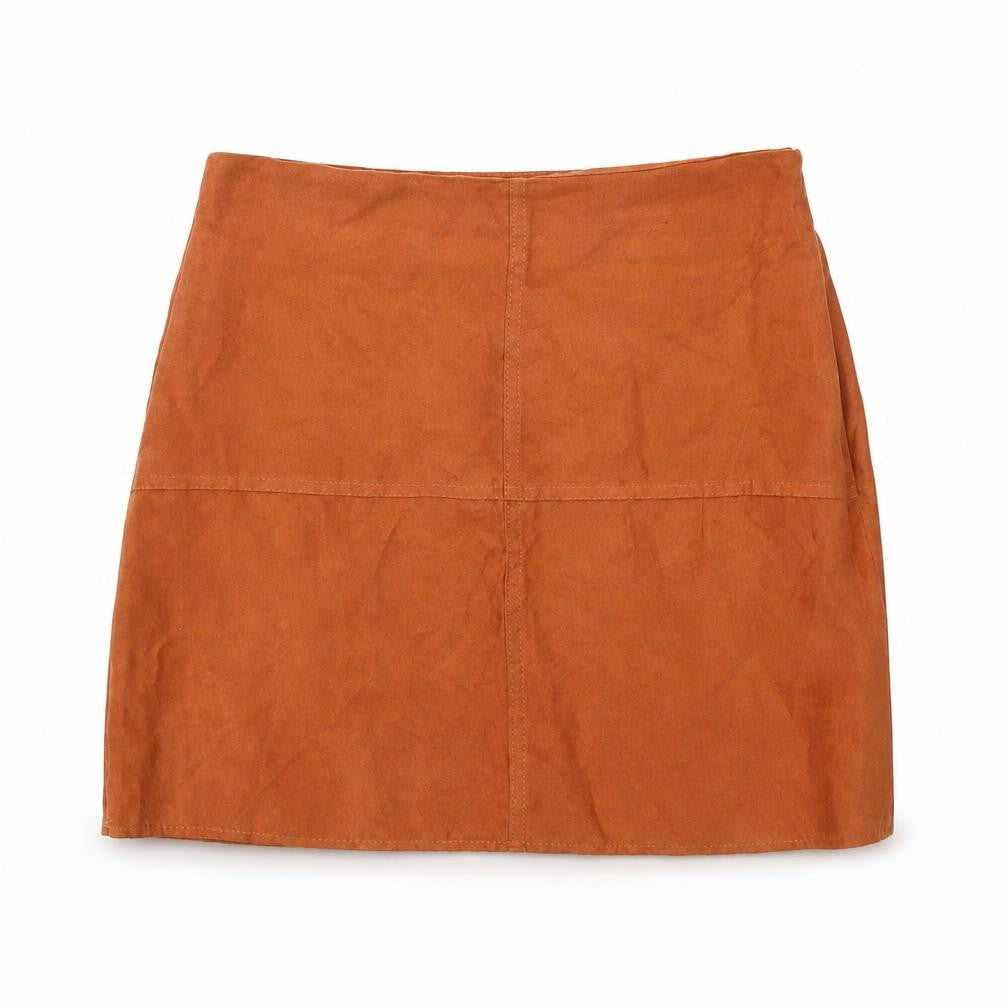 Front view of Atmosphere women’s brown polyester mini skirt, size UK 10, zip