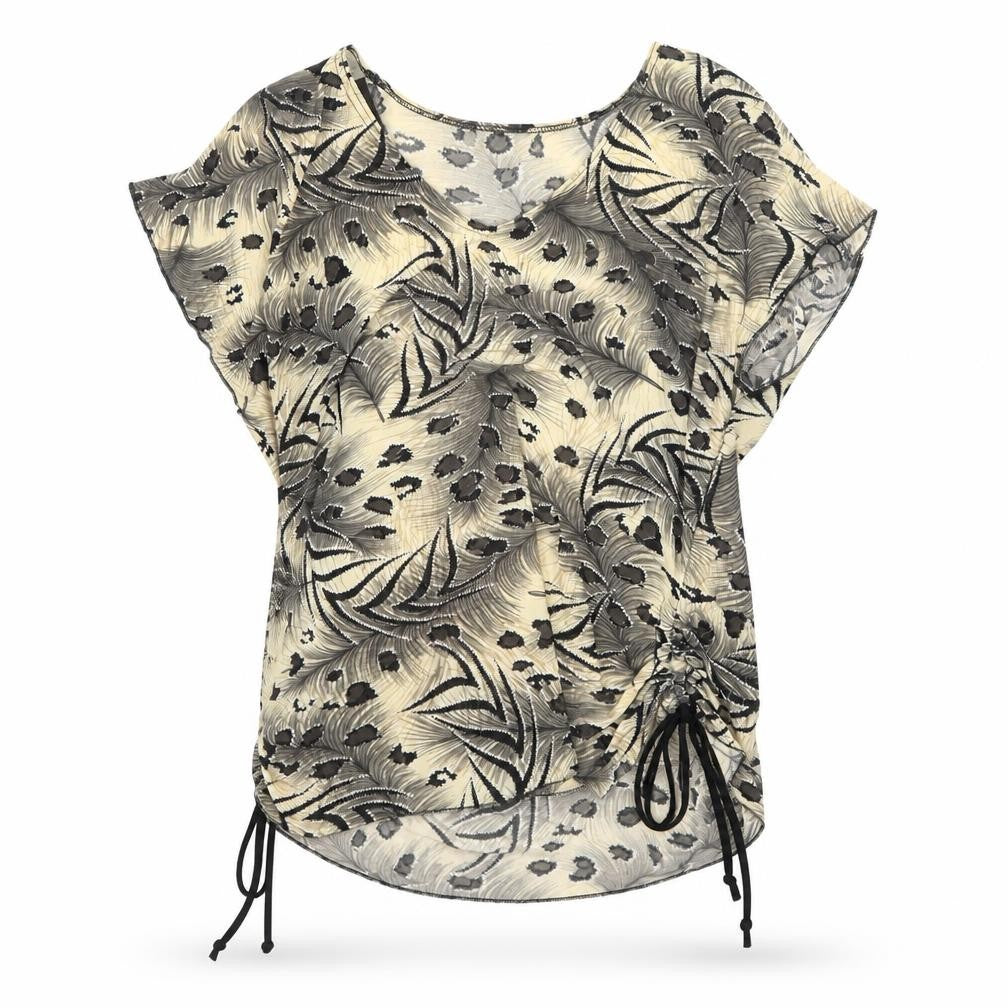 Front view of Saloos women’s multicoloured animal print polyester basic blouse, v-neck - leopard print side tie ruched