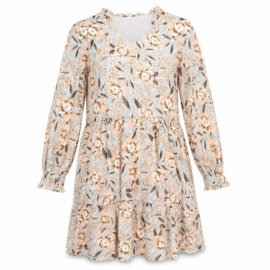 Front view of Papaya women’s pink floral viscose skater dress, size UK 12, v-neck pullover - tiered