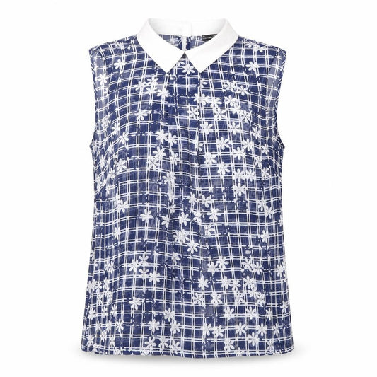 Front view of Atmosphere women’s blue geometric polyester basic blouse, size UK 10, collared