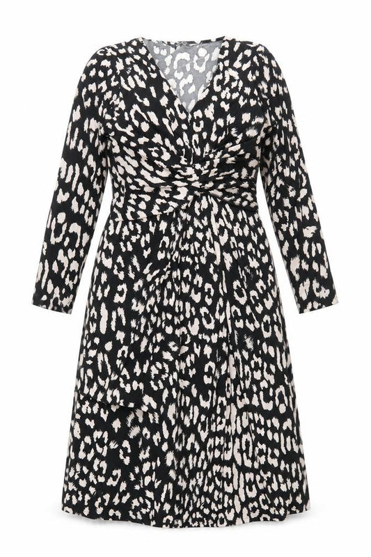 Front view of Roman women’s black geometric polyester a-line, size UK 10, scoop neck zip