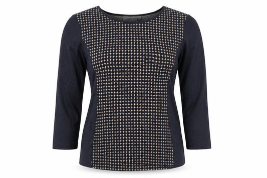 Front view of Country Casuals women’s blue geometric cotton basic blouse, size L, scoop neck