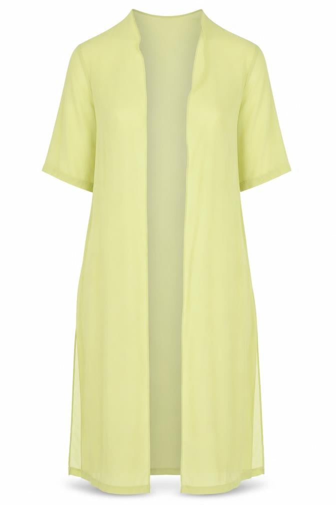 Front view of Preworn women’s green polyester kimono blouse, size M, v-neck