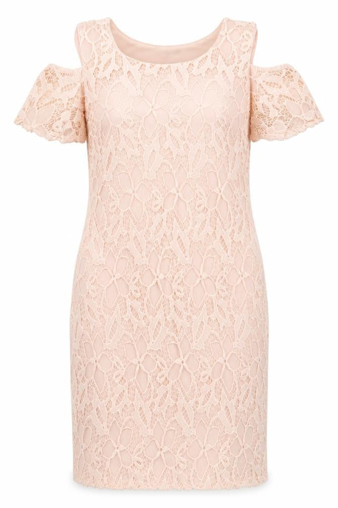 Front view of Peacocks women’s pink nylon pencil dress, size UK 10, boat neck pullover - cold shoulder