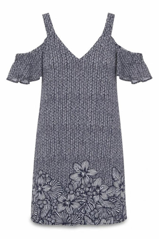 Front view of Papaya women’s blue floral viscose a-line, size UK 10, v-neck pullover