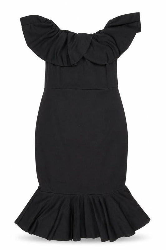 Front view of PRETTYLITTLETHING women’s black herringbone polyester mermaid, size UK 12, off the shoulder pullover