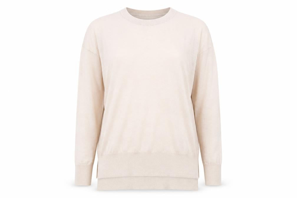 Front view of H&M women’s pink round neck acrylic jumper, size M