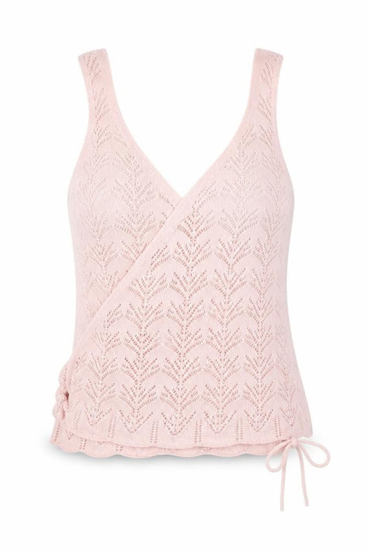 Front view of ASOS women’s pink acrylic wrap tank, size UK 14, v-neck