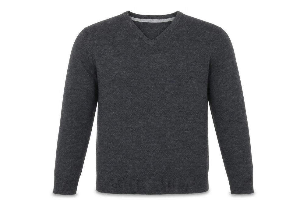 Front view of Debenhams men’s grey v-neck acrylic jumper, size S