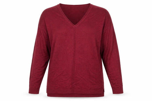 Front view of Studio women’s red v-neck acrylic jumper, size UK 12