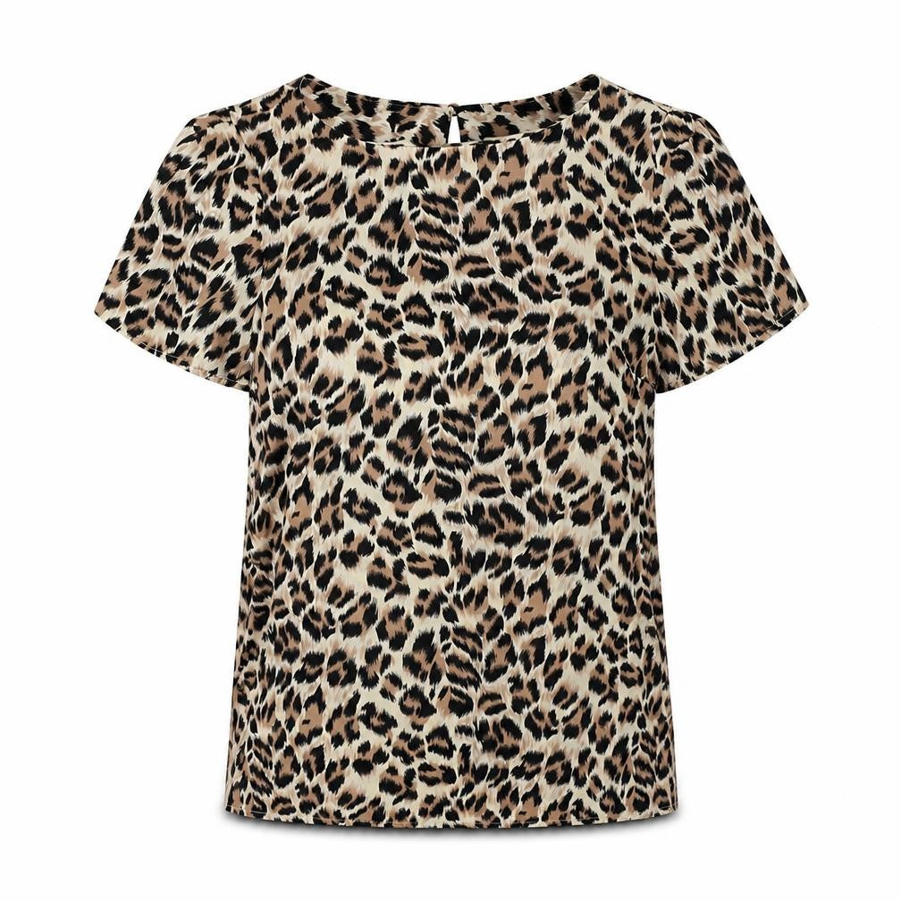 Front view of Oasis women’s brown animal print polyester basic t-shirt, size UK 6, round neck - leopard print